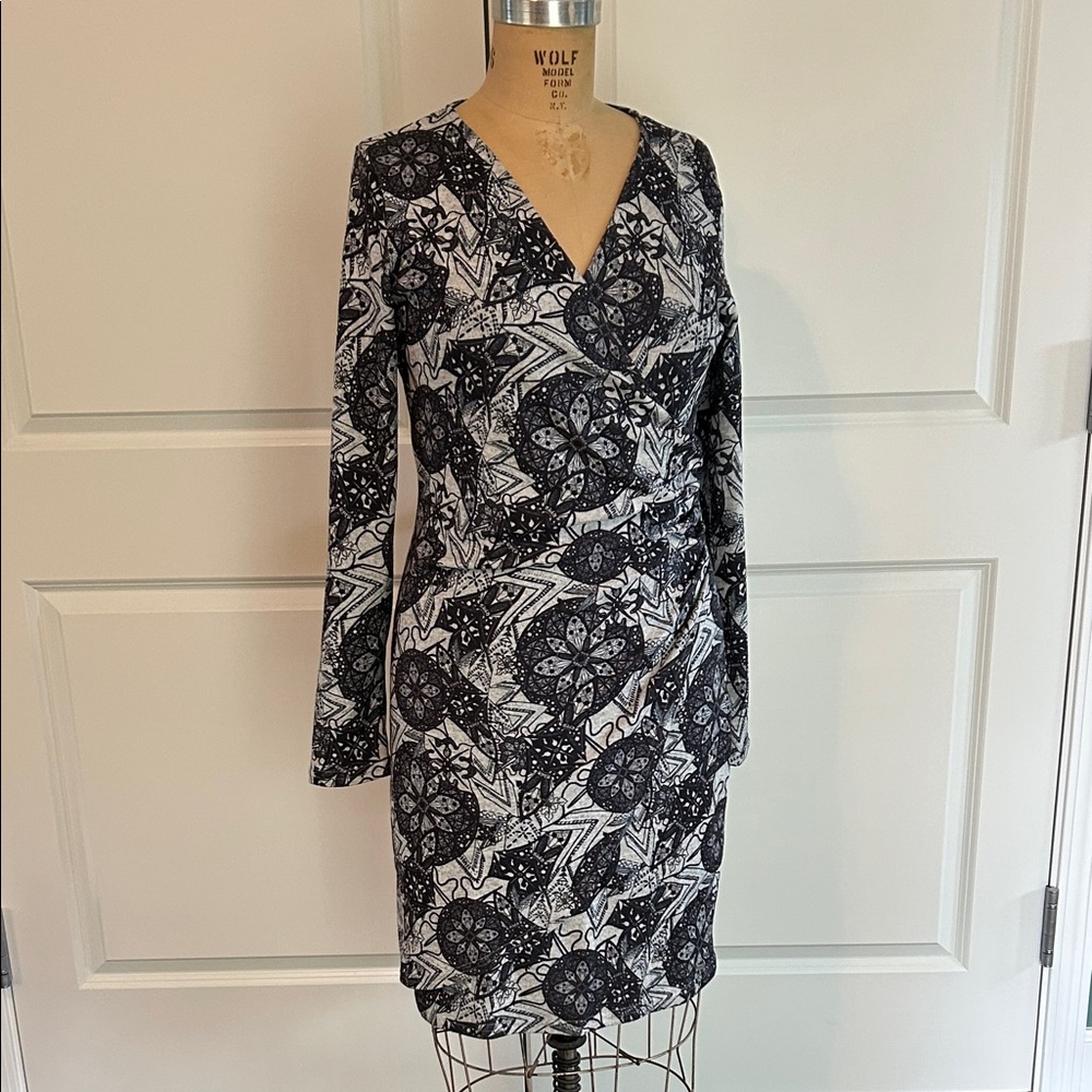 Black and Gray Faux Wrap Long Sleeve Dress